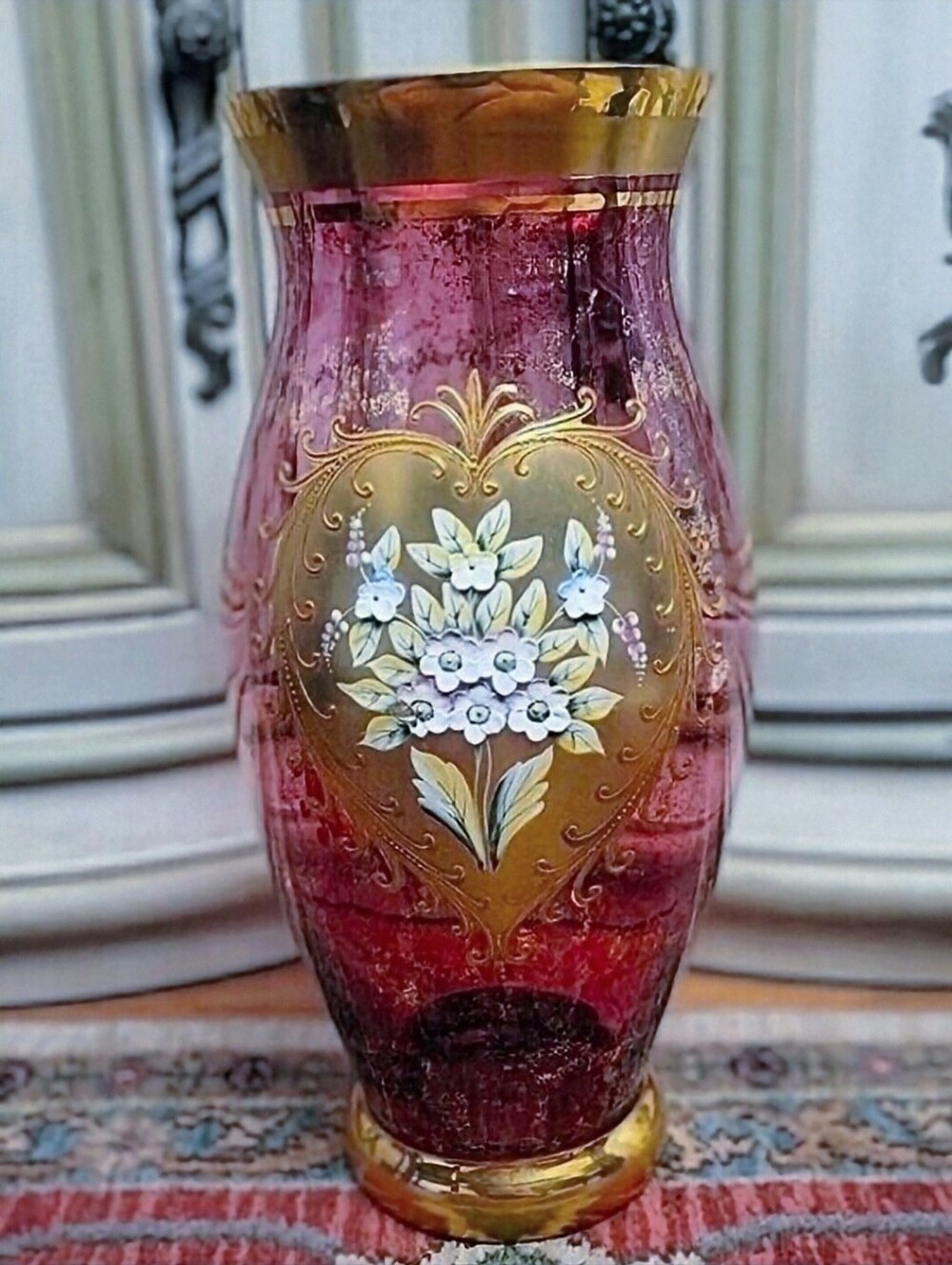 Vintage 22" Bohemian Glass Handpainted Gold Banded Applique 3D Floral Vase*